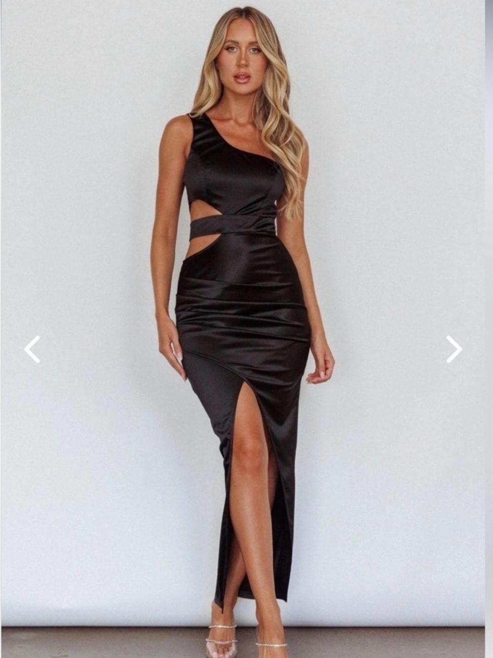 NWT Selfie Leslie Black One Shoulder Cutout Satin Maxi Formal Dress, Size XL